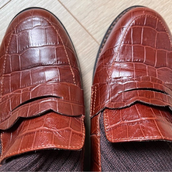 Maroon sock Penny Loafers alligator style leather chunky heel classic slip on - Picture 3 of 16